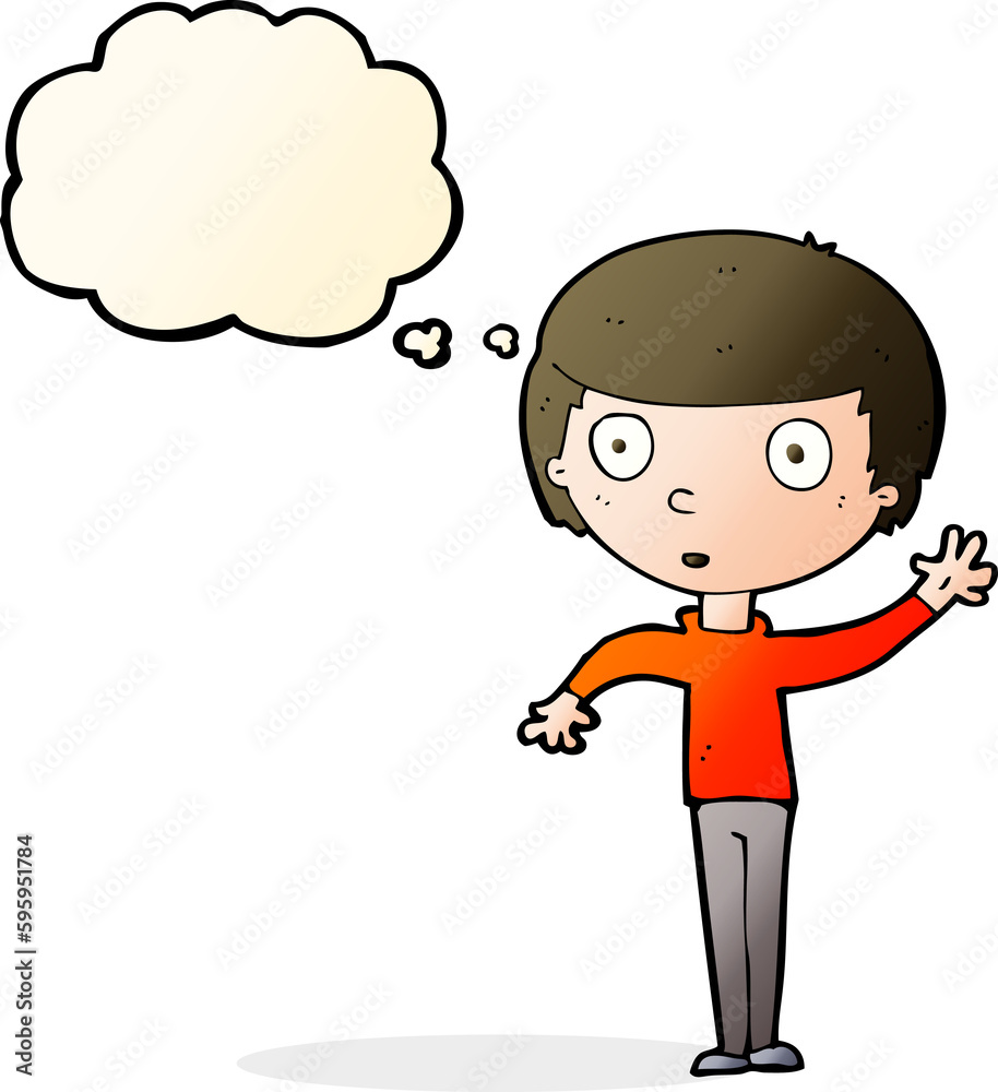 cartoon waving boy with thought bubble cartoon waving boy with thought bubble