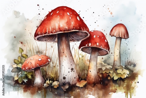 Red fly agaric mushrooms in a watercolor botanical set. Generative AI