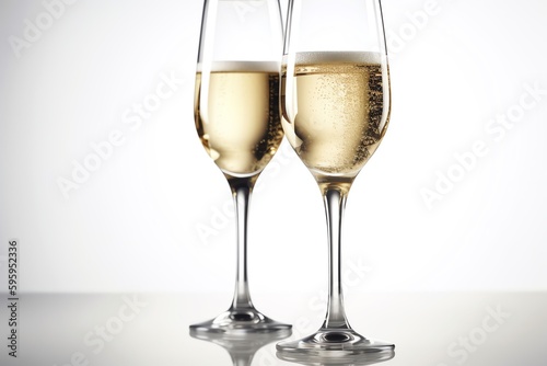 Two Champagne Glasses Toasting, White Background. Generative AI