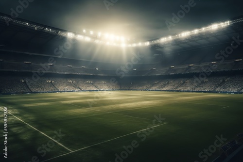 A dramatic football arena with green grass and rays of light. Generative AI © Pixel Matrix
