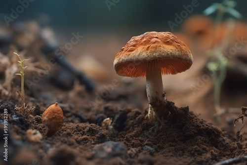 Close up of a magic psilocybin mushroom on dirt. Generative AI