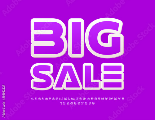 Vector advertising Banner Big Sale. Modern violet sticker Font. Artistic Alphabet Letters and Numbers set