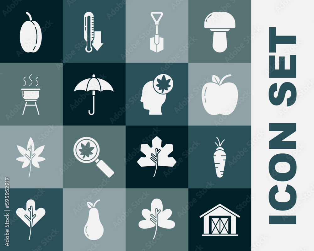 Set Farm house, Carrot, Apple, Shovel, Umbrella, Barbecue grill, Plum fruit and Human head with leaf icon. Vector Set Farm house, Carrot, Apple, Shovel, Umbrella, Barbecue grill, Plum fruit and Human head with leaf icon. Vector
