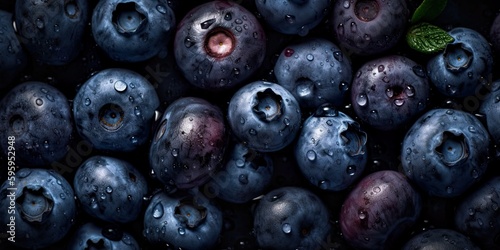 Top down view of fresh blueberries with waterdrops. AI Generative Art.
