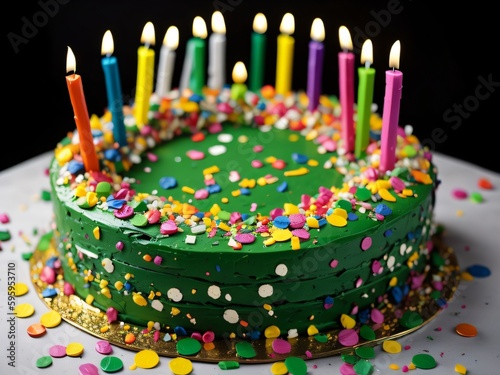 A close-up of a birthday cake with colorful candles bg