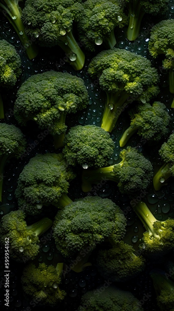 Top down view of fresh broccoli with waterdrops. AI Generative Art.