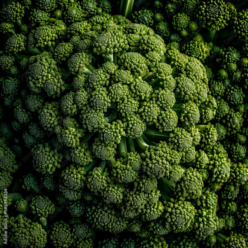 Top down view of fresh broccoli with waterdrops. AI Generative Art. Top down view of fresh broccoli with waterdrops. AI Generative Art.