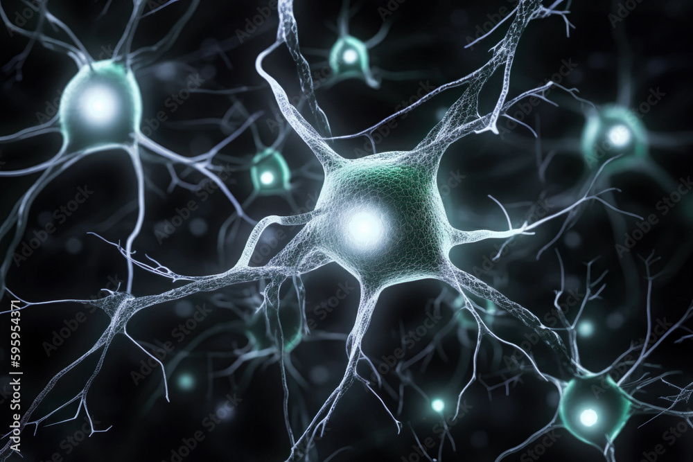  Neuronenzellen  - Neuronen im Gehirn auf mit - Synapse und Neuronenzellen senden elektrische chemische Signale with Generative KI - obrazy, fototapety, plakaty 
