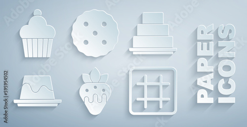 Set Strawberry in chocolate, Cake, Pudding custard, Waffle, Cookie or biscuit and icon. Vector