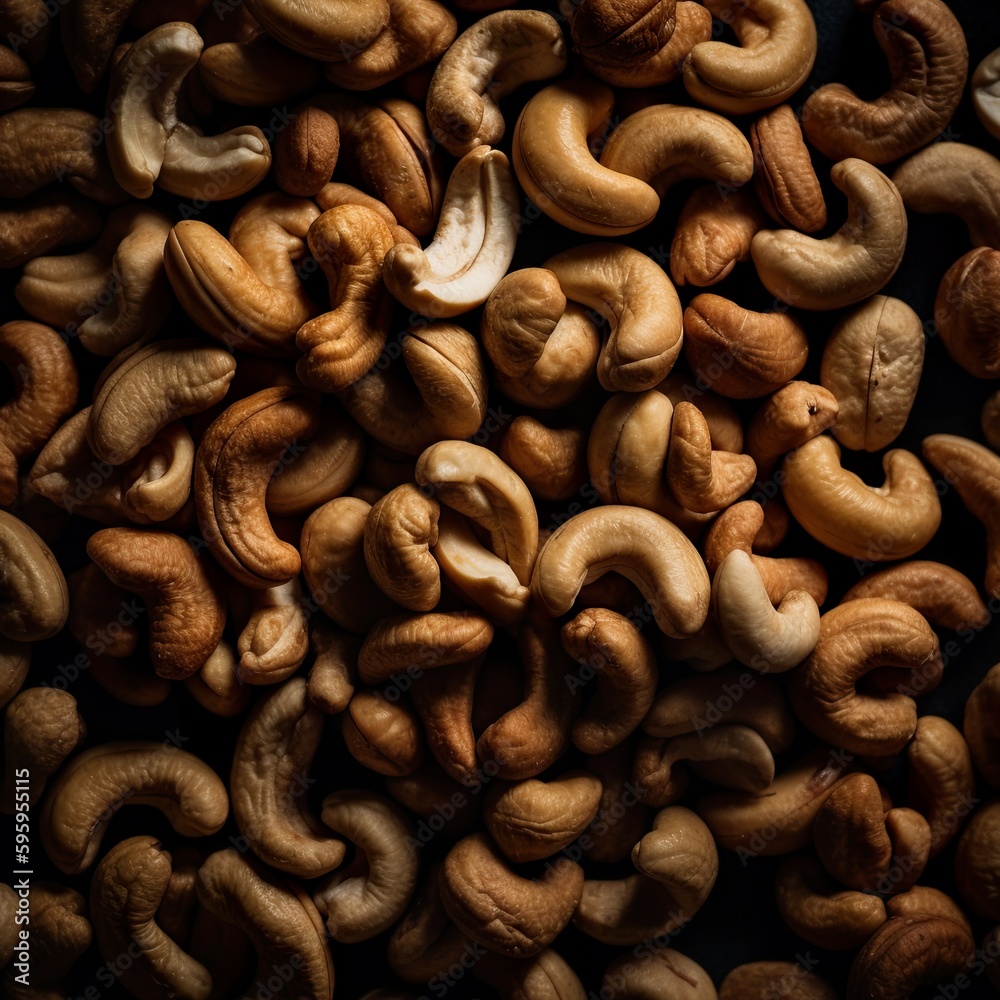Top down view of fresh cashew nuts. AI Generative Art. Top down view of fresh cashew nuts. AI Generative Art.