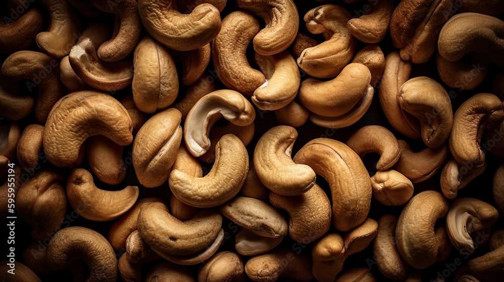 Top down view of fresh cashew nuts. AI Generative Art. Top down view of fresh cashew nuts. AI Generative Art.