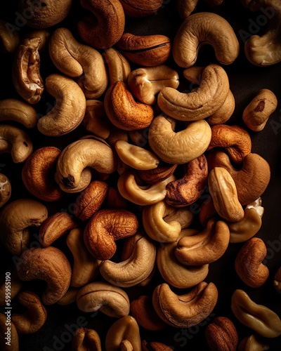 Top down view of fresh cashew nuts. AI Generative Art.