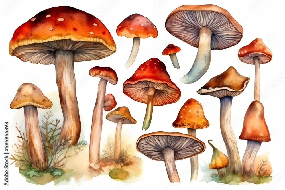 A set of edible mushrooms in watercolor drawings. Generative AI