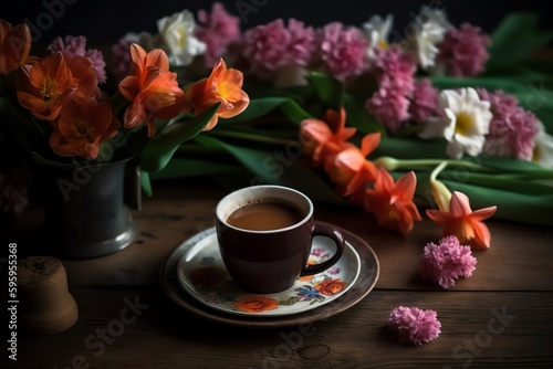 Spring Flowers On Wooden Table, Coffee And Hot Beverage For A Calm Morning. Generative AI