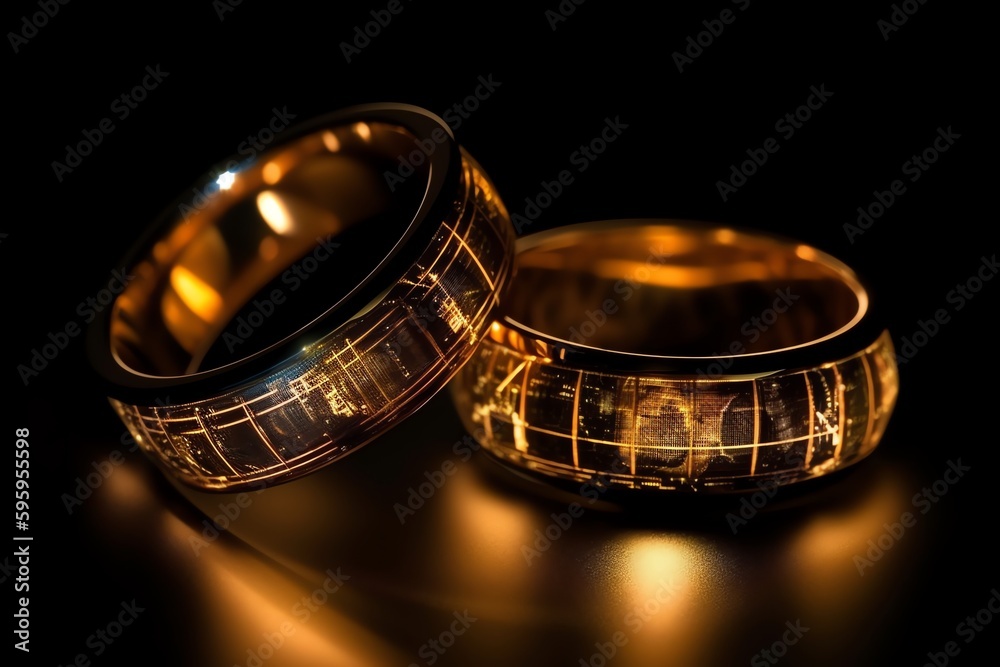 Fotografie Light And Energy Technology Wedding Rings. Generative AI