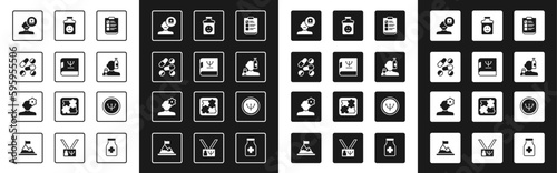 Set Psychological test, Psychology book, Medicine pill or tablet, Male doctor, Alcoholism, Antidepressants, and Solution problem psychology icon. Vector