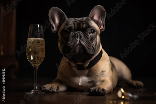 French Bulldog Celebrates New Year With Champagne. Generative AI © Pixel Matrix