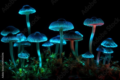 Psychedelic bioluminescent mushrooms. Generative AI
