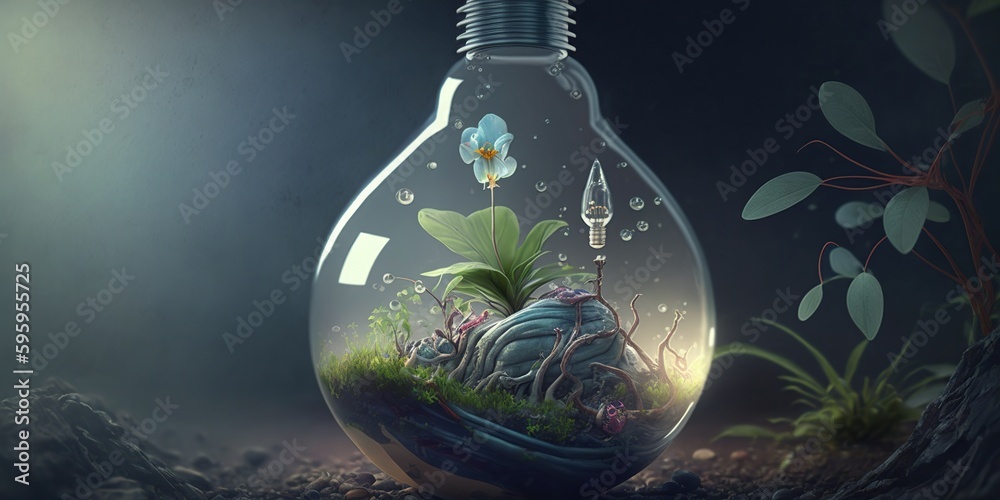 Banner with lightbulb and Earth Hour inscription for Planet Day. Light bulb with green leaf for concept of saving electric energy. World eco day. Colored generative AI illustration