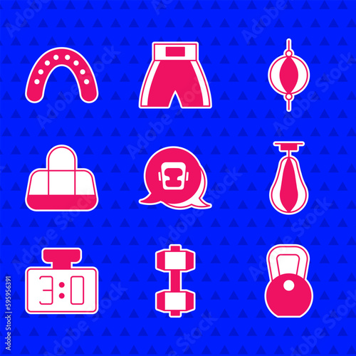 Set Boxing helmet, Dumbbell, Weight, Punching bag, Sport mechanical scoreboard, and Mouth guard boxer icon. Vector