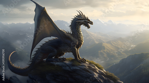 A majestic dragon perches atop a craggy mountain peak  surveying the sprawling landscape below.