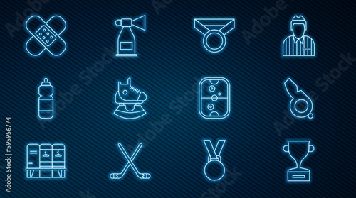 Set line Award cup, Whistle, Medal, Skates, Fitness shaker, Crossed bandage plaster, Air hockey table and horn icon. Vector