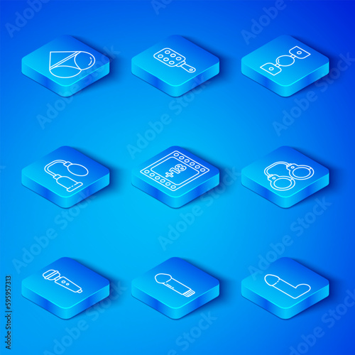 Set line Dildo vibrator, Play Video with 18 plus content, Sexy fluffy handcuffs, Silicone ball gag belt, Penis pump, Woman panties and icon. Vector