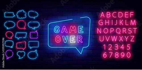 Game over neon sign. Colorful handwritten text. Speech bubbles frames set. Loss inscription. Vector illustration