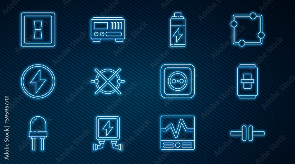 Set line Electric circuit scheme, light switch, Battery, Lightning bolt, Electrical outlet and measuring instruments icon. Vector