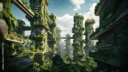 The green city of the future. Spectacular eco-futuristic cityscape ESG concept full with greenery, skyscrapers, park. Generative AI.