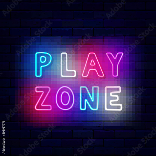 Play zone neon signboard. Simple inscription. Glowing advertising. Game design. Vector stock illustration