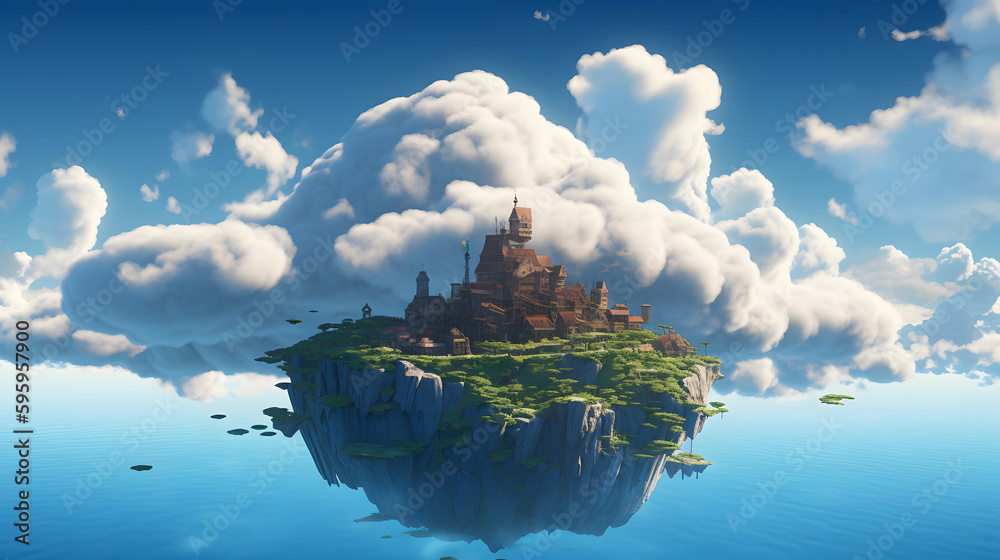 A mysterious floating island drifts lazily in the sky, surrounded by fluffy  clouds and endless blue skies. Stock Illustration | Adobe Stock
