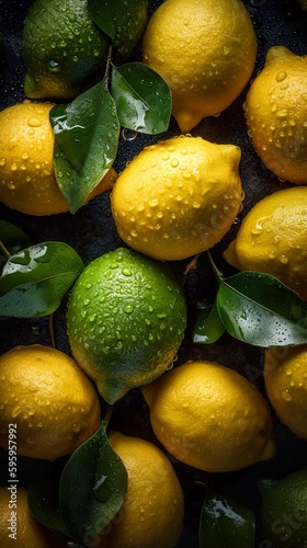 Top down view of fresh lemons with waterdrops. AI Generative Art.