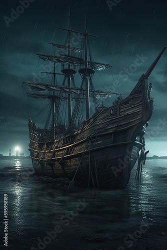 Ancient sailboat in the nig...