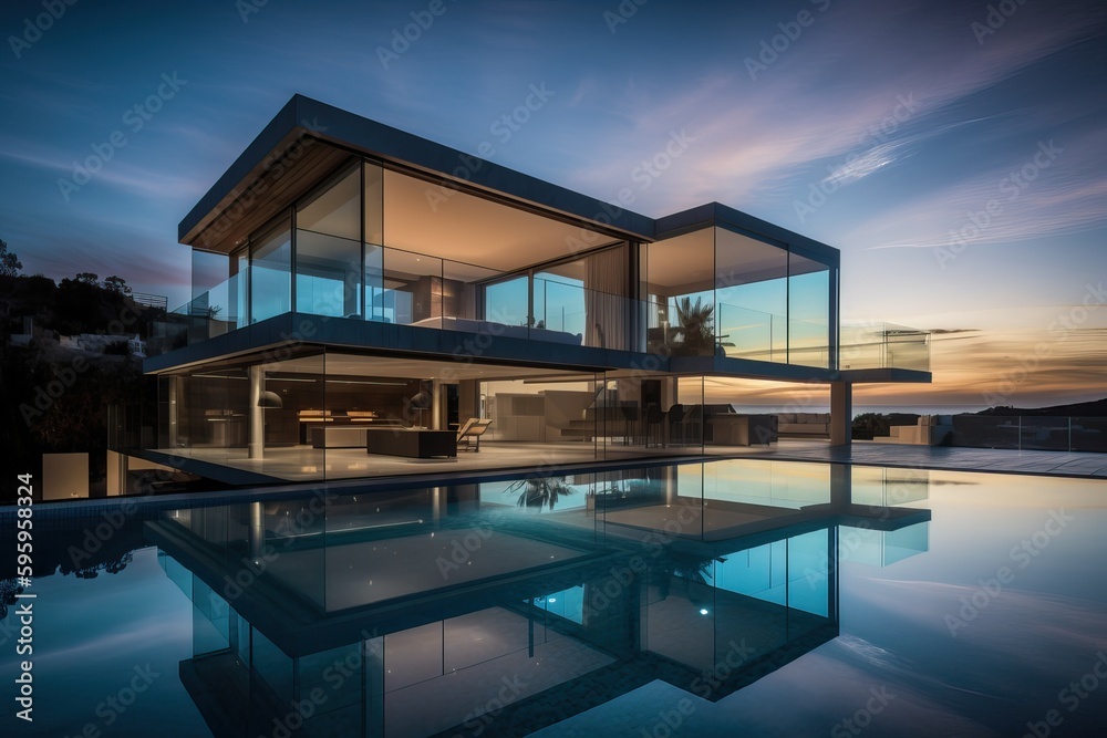 Fototapeta premium Modern luxury home with pool and garden at blue hour, generative ai