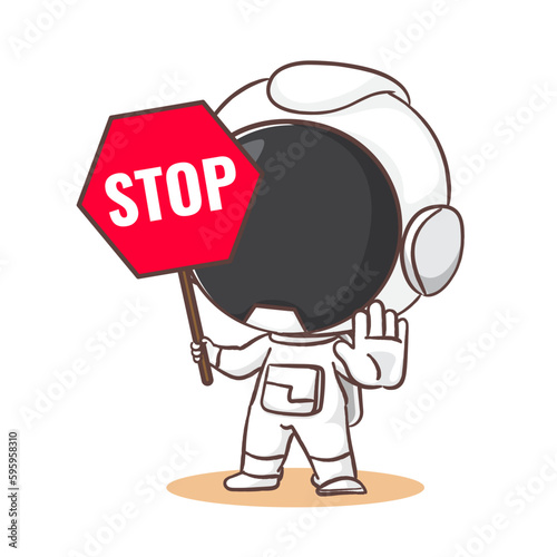 Cute astronaut holding stop sign cartoon character.  Space concept design. Hand drawn flat adorable chibi vector illustration. Isolated white background