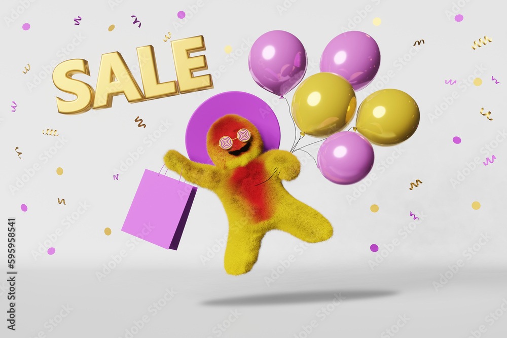 Fototapeta premium Online shopping promo banner Cute Yeti flies balloons bag Sale 3d rendering. Branding mockup shopper template Shop discount promo banner Creative festive price advertising design Holiday gift purchase