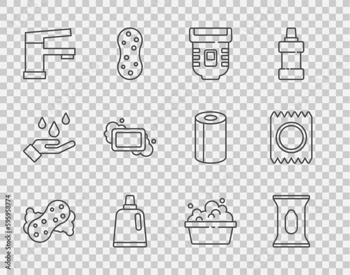 Set line Sponge, Wet wipe pack, Epilator, Bottle for cleaning agent, Water tap, Bar of soap, Basin with suds and Condom package safe sex icon. Vector