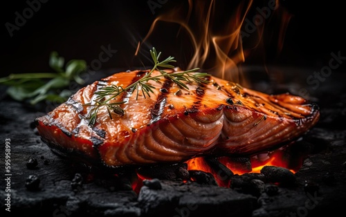 Tasty roasted salmon steak cooking on the black stone with flames Generative AI photo