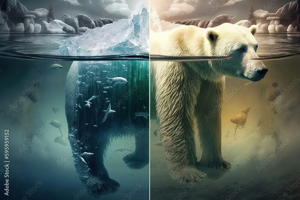 Polar Bear standing on melting ice cap, climate change and global warming concept,survival or extinction concept,  ai generative	 - obrazy, fototapety, plakaty 