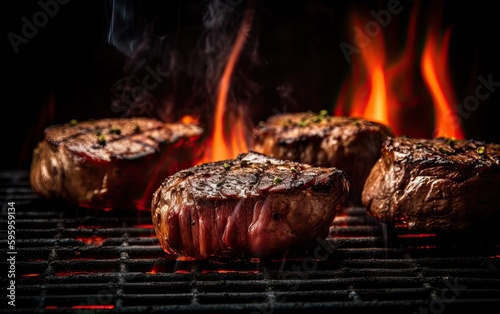 Savoury meat steaks cooking over the grill with flames generative AI