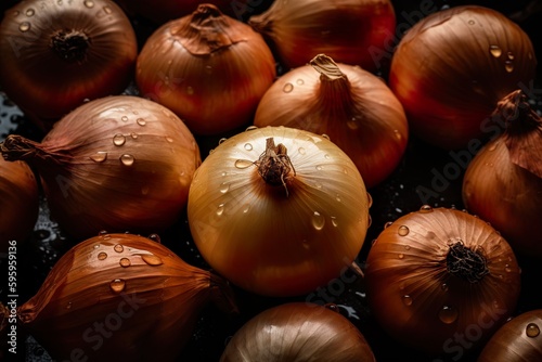 Top down view of fresh onions with waterdrops. AI Generative Art.
