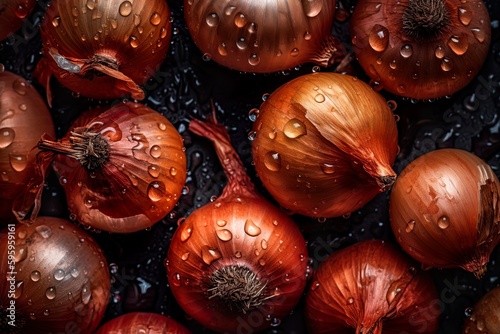 Top down view of fresh onions with waterdrops. AI Generative Art.
