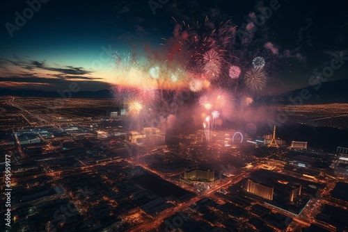 Colorful explosion over vibrant Las Vegas. Generative AI