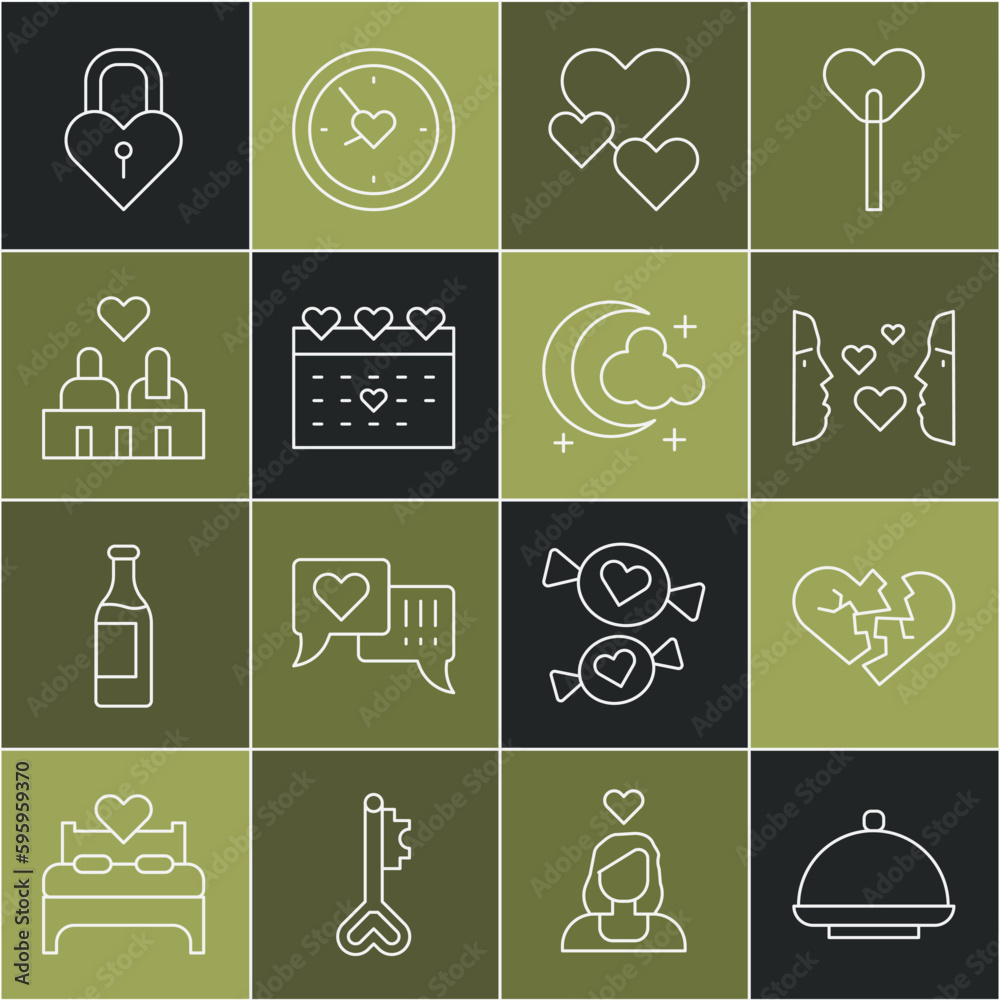 Set line Covered with tray, Broken heart or divorce, Love at first sight, Heart, Calendar, Couple in love, Castle the shape of and Moon and stars icon. Vector Set line Covered with tray, Broken heart or divorce, Love at first sight, Heart, Calendar, Couple in love, Castle the shape of and Moon and stars icon. Vector
