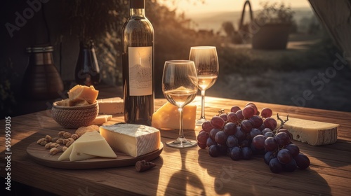 Wine, wineglasses on cheeseboard with grapes fresh bread, in the sunlight with garden background. artistic still life, generated by artificial intelligence
 photo