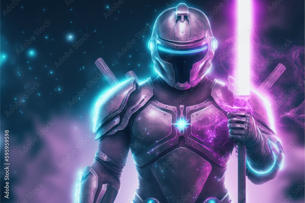 Sci-fi hero astro-warrior wearing advanced armor and wielding enchanted blade Fantasy concept , Illustration painting. Generative AI