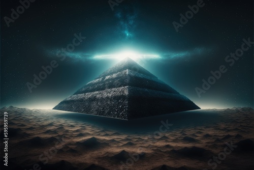 Futuristic dark pyramid hovering over surface of Earth in sci-fi setting Fantasy concept   Illustration painting. Generative AI