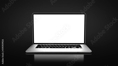 
Highly Detailed Generic Aluminum White Screen Display Laptop Spinning and Opening Over Black Background. Thin Modern Laptop Animation. Track and Add Your Own Photos or Videos.