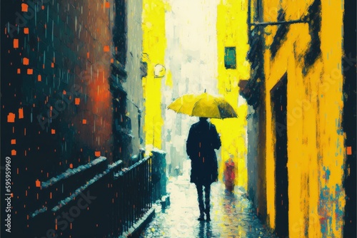 A man strolling through a rainy urban alley with a radiant yellow parasol. Fantasy concept , Illustration painting. Generative AI